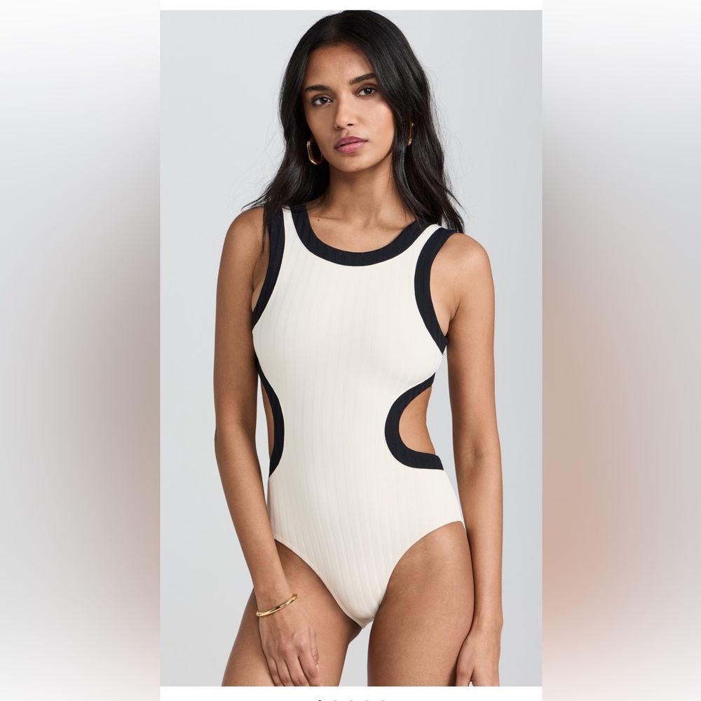 STAUD Cream and Black Cutout One-Piece Swimsuit